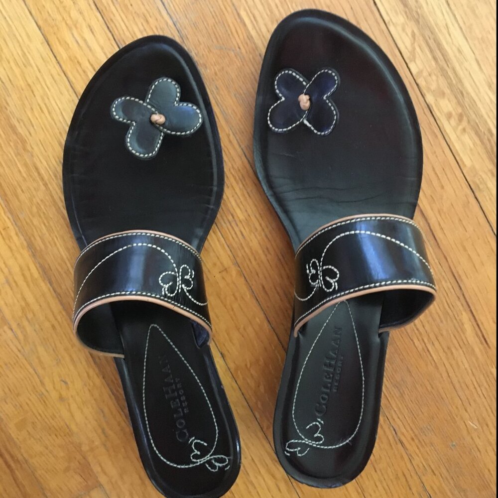 Sandals, black leather with butterfly toe piece